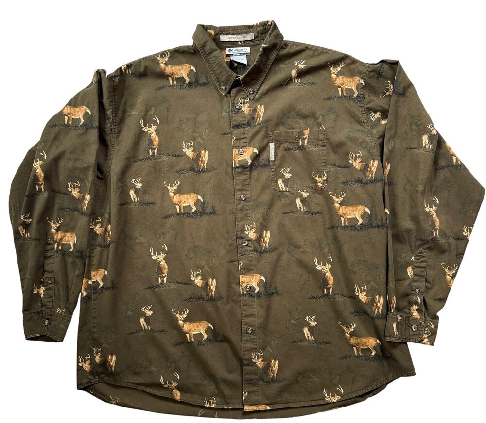 Brown Deer Buck Long Sleeve Button Down Shirt Men’s 3XLT Columbia River Lodge